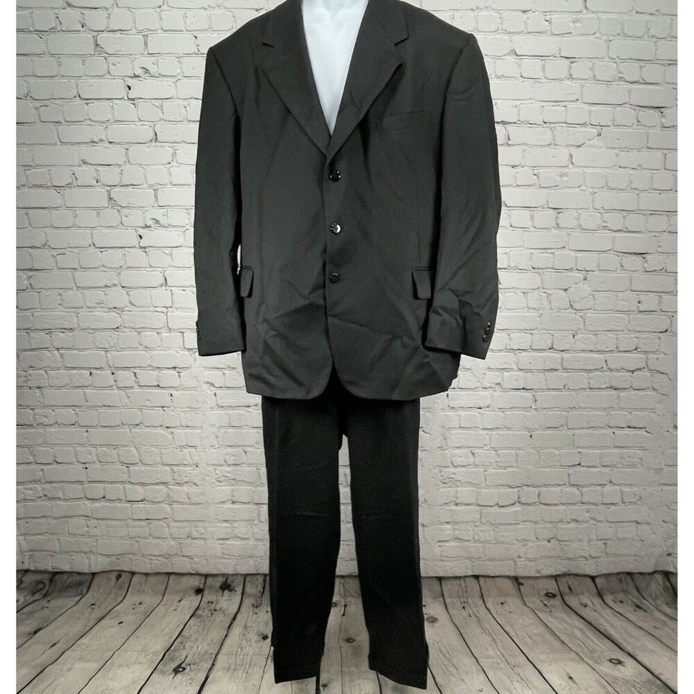 John Henry Black Pebbled Wool Suit 2 Piece Set Blazer Ventless 3 Button Size 48R